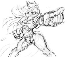 Size: 1280x1024 | Tagged: safe, artist:mod-of-chaos, lyra heartstrings, anthro, g4, armor, crossover, female, monochrome, power armor, power fist, powered exoskeleton, sketch, solo, warhammer (game), warhammer 40k