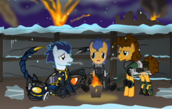 Size: 4852x3074 | Tagged: safe, artist:vector-brony, cheese sandwich, flash sentry, soarin', pony, fallout equestria, g4, armor, best friends, cold, commission, enclave armor, fallout, fireplace, flankorage, high res, laser gun, power armor, sad, shadowbolt armor, trench, trio, war, winter