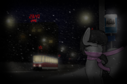 Size: 3000x2000 | Tagged: safe, artist:subway777, octavia melody, g4, blizzard, eyes closed, female, high res, lights, night, russia, snow, snowfall, solo, tram, wind, winter