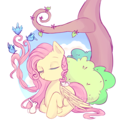 Size: 1024x1024 | Tagged: safe, artist:alilangelkitty, fluttershy, bird, rabbit, g4, braid, bush, cute, eyes closed, female, flower, prone, shyabetes, solo, tree, watermark