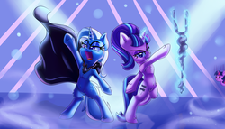 Size: 4000x2291 | Tagged: safe, artist:discorded, starlight glimmer, trixie, twilight sparkle, pony, unicorn, g4, alicorn amulet, angry, armpits, cape, clothes, female, high res, lesbian, levitation, magic, mare, open mouth, s5 starlight, ship:startrix, shipping, staff, staff of sameness, telekinesis