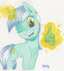 Size: 1280x1412 | Tagged: safe, artist:flowbish, lyra heartstrings, g4, disembodied hand, female, hand, happy, magic hands, smiling, solo, thumbs up, traditional art, wink