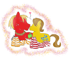 Size: 1024x870 | Tagged: safe, artist:xxblitzyxx, big macintosh, caramel, earth pony, pony, g4, clothes, cute, eyes closed, gay, heart, male, nuzzling, ship:caramac, shipping, socks, stallion, striped socks