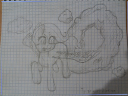 Size: 3264x2448 | Tagged: safe, artist:generallegion, scootaloo, g4, cloud, female, flying, graph paper, high res, monochrome, open mouth, scootaloo can fly, solo, traditional art