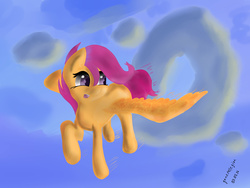 Size: 3264x2448 | Tagged: safe, artist:generallegion, scootaloo, g4, cloud, female, flying, high res, open mouth, scootaloo can fly, solo