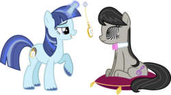 Size: 1600x890 | Tagged: safe, artist:shutterflyyay, octavia melody, oc, oc:spiral swirl, earth pony, pony, unicorn, g4, cushion, duo, female, hypnosis, hypnotized, mare, pillow, pocket watch, recolor, simple background, swirly eyes, transparent background