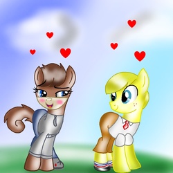 Size: 1000x1000 | Tagged: safe, artist:doraemonfan4life, blushing, female, heart, male, ponified, sandy cheeks, shipping, spongebob squarepants, spongebob squarepants (character), straight