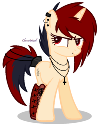 Size: 596x754 | Tagged: safe, artist:chaostrical, oc, oc only, boots, cross, ear piercing, earring, inverted cross, lip piercing, necklace, piercing, solo