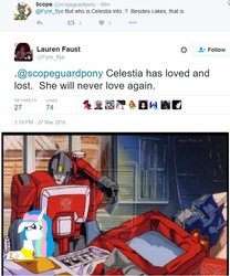 Size: 596x716 | Tagged: safe, princess celestia, g4, death, female, lauren faust, male, meta, obtrusive watermark, optilestia, optimus prime, perceptor, straight, text, the transformers: the movie, transformers, twitter, watermark, word of faust, wtf