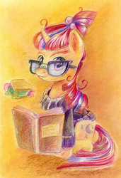 Size: 800x1167 | Tagged: safe, artist:maytee, moondancer, g4, book, female, glasses, looking at you, solo, traditional art