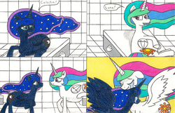 Size: 1024x658 | Tagged: safe, artist:eternaljonathan, princess celestia, princess luna, comic:a new twist, g4, chubby, comic, crying, fat, royal sisters, science fiction, tears of joy, traditional art