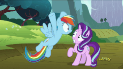Size: 960x540 | Tagged: dead source, safe, screencap, rainbow dash, starlight glimmer, pegasus, pony, unicorn, g4, no second prances, animated, discovery family logo, dragon mountain, eyes closed, female, flying, frown, gritted teeth, head scratch, mare, one eye closed, open mouth, pegasus master race, raised eyebrow, raised hoof, raised leg, scratching, shockwave, smiling, sonic boom, spread wings, talking, wide eyes, windswept mane, wings, wink