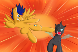 Size: 3000x2000 | Tagged: safe, artist:periodicbrony, flash sentry, changeling, g4, badass, epic, exploitable meme, fight, flash kick, flash sentry savior of the universe, high res, kick, meme