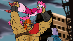 Size: 1093x615 | Tagged: safe, artist:atariboy2600, maud pie, pinkie pie, prince rutherford, earth pony, anthro, g4, armpits, equestria's best big sister, hokuto no ken, muscles, wip