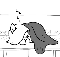 Size: 640x600 | Tagged: safe, artist:ficficponyfic, oc, oc only, oc:emerald jewel, earth pony, pony, colt quest, blanket, child, colt, foal, hair over one eye, male, monochrome, pew, sleeping, solo, story included, zzz