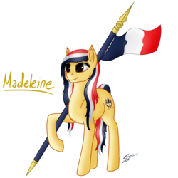 Size: 894x894 | Tagged: safe, artist:speed-chaser, oc, oc only, oc:madeleine, earth pony, pony, flag, france, french, hoof hold, nation ponies, ponified, simple background, solo, transparent background