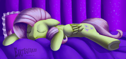 Size: 1512x712 | Tagged: safe, artist:earthquake87, fluttershy, g4, bed, curtains, cute, eyes closed, female, pillow, shyabetes, sleeping, smiling, solo, underhoof
