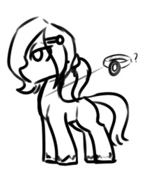 Size: 500x557 | Tagged: safe, artist:thebirdiebin, oc, oc only, oc:emerald jewel, earth pony, pony, colt quest, adult, amulet, cyoa:buttquest, hair over one eye, male, monochrome, no mouth, ponytail, question mark, rough sketch, solo, stallion, unshorn fetlocks, wip