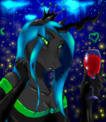Size: 4100x4700 | Tagged: safe, artist:monado-boi-69, queen chrysalis, changeling, changeling queen, anthro, g4, absurd resolution, alcohol, clothes, dress, evening gloves, female, fingerless gloves, glass, gloves, heart, smiling, solo, wine, wine glass