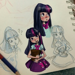 Size: 1280x1280 | Tagged: safe, artist:ciipott, twilight sparkle, equestria girls, g4, book, female, freckles, humanized, pencil, pencil drawing, solo, traditional art