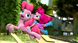 Size: 1920x1073 | Tagged: safe, artist:asmodeusthesexlord, pinkie pie, human, equestria girls, g4, 3d, balloon, boots, bracelet, clothes, duo, duo female, female, high heel boots, human ponidox, jewelry, riding a pony, self ponidox, skirt