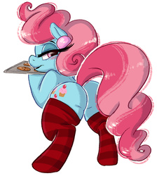 Size: 888x990 | Tagged: safe, artist:prettypinkpony, cup cake, earth pony, pony, g4, bipedal, butt, clothes, cookie, female, food, long eyelashes, looking back, mare, plot, socks, solo, striped socks