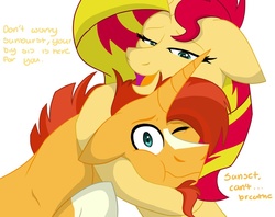 Size: 1024x811 | Tagged: safe, artist:colourstrike, sunburst, sunset shimmer, pony, unicorn, g4, brother and sister, duo, headcanon, hug, siblings, simple background, story in the comments, sunny siblings, white background