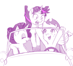 Size: 1100x997 | Tagged: safe, artist:dstears, applejack, rarity, twilight sparkle, earth pony, pony, unicorn, g4, car, driving, eyes closed, female, ferris bueller's day off, freckles, hat, mare, monochrome, open mouth, raised hoof
