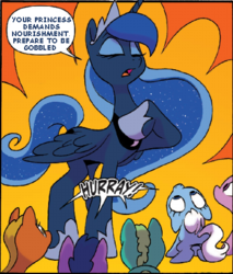 Size: 367x431 | Tagged: safe, artist:jay fosgitt, edit, idw, princess luna, alicorn, pony, g4, butt, comic, dialogue, female, gobbled, imminent vore, mare, plot, ponies eating ponies, text edit, willing prey
