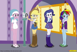 Size: 3783x2539 | Tagged: safe, artist:conikiblasu-fan, aloe, applejack, rainbow dash, rarity, applejack's "day" off, equestria girls, g4, applejack day, bathrobe, boots, breasts, clothes, cowboy hat, cute, dashabetes, denim skirt, dress, engineer, equestria girls interpretation, equestria girls-ified, female, fixing, goggles, hammer, hat, high heel boots, high heels, high res, legs, mouth hold, open mouth, pipe (plumbing), pouch, scene interpretation, shoes, side slit, skirt, slippers, spa, stetson, tank slippers, tape