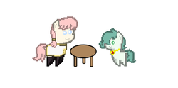 Size: 420x208 | Tagged: safe, artist:pixelanon, edit, oc, oc only, oc:emerald jewel, oc:hope blossoms, earth pony, pony, colt quest, 8-bit, adult, age difference, amulet, child, clothes, colt, cute, date, dating, female, happy, male, mare, pixel art, pointy ponies, shipping, simple background, straight, straight shota, table, white background