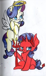 Size: 1792x2927 | Tagged: safe, artist:cutepencilcase, rarity, g4, my little pony: friendship is magic, the saddle row review, angel rarity, devil rarity, haylo, misleading thumbnail, pitchfork, traditional art