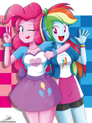 Size: 2047x2729 | Tagged: safe, artist:the-butch-x, pinkie pie, rainbow dash, equestria girls, g4, bracelet, breasts, busty pinkie pie, busty rainbow dash, cleavage, clothes, compression shorts, couple, couples, cute, diapinkes, duo, female, high res, jacket, lesbian, open mouth, peace sign, sexy, shorts, skirt, together, tongue out, waving, wink
