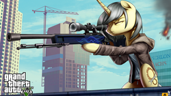 Size: 1920x1080 | Tagged: safe, artist:supermare, oc, oc only, pony, unicorn, awp, city, clothes, commission, crossover, cutie mark, grand theft auto, gta v, gun, hoof hold, hooves, horn, male, one eye closed, optical sight, rifle, sitting, sniper rifle, solo, stallion, text, weapon