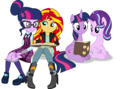 Size: 4166x3000 | Tagged: safe, artist:ruinedomega, sci-twi, starlight glimmer, sunset shimmer, twilight sparkle, pony, equestria girls, g4, book, book phone, counterparts, group, inkscape, magical trio, ponyscape, simple background, sitting, transparent background, twilight sparkle (alicorn), twilight's counterparts, vector, writing