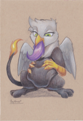 Size: 583x850 | Tagged: safe, artist:php187, oc, oc only, oc:flanker, oc:gyro tech, griffon, belly, commission, fetish, tail sticking out, traditional art, vore