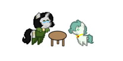 Size: 420x208 | Tagged: safe, artist:pixelanon, edit, oc, oc only, oc:emerald jewel, earth pony, pony, colt quest, 8-bit, adult, age difference, amulet, bowtie, child, clothes, colt, cute, date, dating, female, happy, male, mantle, mare, pixel art, pointy ponies, shipping, simple background, straight, straight shota, table, white background