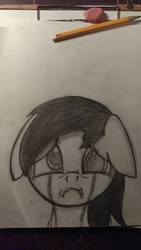 Size: 1836x3264 | Tagged: safe, artist:falloutowen87, derpy hooves, pegasus, pony, g4, crying, female, floppy ears, frown, looking at you, mare, monochrome, sad, solo, traditional art, wavy mouth