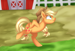 Size: 2900x2000 | Tagged: safe, artist:scarlet-spectrum, applejack, chicken, pony, applejack's "day" off, g4, bipedal, chicken dance, chickenjack, cowboy hat, female, freckles, hat, high res, scene interpretation, silly, silly pony, solo, stetson, sweet apple acres, who's a silly pony