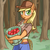 Size: 1536x1536 | Tagged: safe, artist:exedrus, derpibooru exclusive, applejack, earth pony, anthro, g4, apple, bucket, clothes, cowboy hat, female, food, forest, hat, looking at you, midriff, outdoors, panties, pink underwear, rope, smiling, solo, stetson, tree, underwear