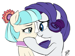 Size: 1045x781 | Tagged: safe, artist:pia-sama, coco pommel, rarity, earth pony, pony, g4, blushing, cocobetes, crying, cute, eye contact, female, mare, raribetes
