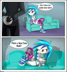 Size: 1734x1851 | Tagged: safe, artist:gaggeddude32, dj pon-3, vinyl scratch, equestria girls, g4, bondage, breasts, busty vinyl scratch, comic, commission, couch, duct tape, female, fetish, gag, knee tied, pun, signature, sneakers, sneakers fetish, tape, tape bondage, tape gag, tied up