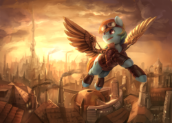 Size: 5389x3869 | Tagged: safe, artist:audrarius, rainbow dash, pony, g4, absurd resolution, artificial wings, augmented, city, clothes, female, flying, goggles, mare, mechanical wing, open mouth, scenery, scenery porn, signature, solo, steampunk, wings