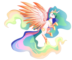 Size: 3000x2500 | Tagged: safe, artist:tsuukiusa, princess celestia, pony, g4, female, flying, high res, mare, rainbow power, rainbow power-ified, simple background, solo, transparent background