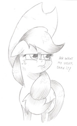 Size: 752x1222 | Tagged: safe, artist:saturdaymorningproj, applejack, applejack's "day" off, g4, female, floppy ears, grayscale, monochrome, pouting, simple background, solo, traditional art