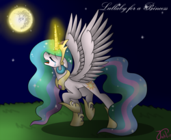 Size: 2000x1636 | Tagged: safe, artist:jack-pie, princess celestia, lullaby for a princess, g4, crying, female, magic, mare in the moon, moon, singing, solo, spread wings, stars