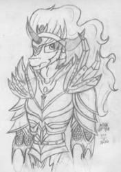 Size: 751x1064 | Tagged: safe, artist:mane-shaker, king sombra, anthro, g4, armor, male, monochrome, solo, traditional art