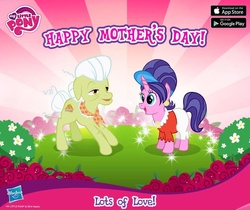 Size: 940x788 | Tagged: safe, gameloft, cookie crumbles, granny smith, earth pony, pony, unicorn, g4, official, female, mare, mother's day, my little pony logo