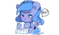 Size: 1600x960 | Tagged: safe, artist:yioyio, princess luna, alicorn, pony, g4, chibi, crying, cute, female, filly, lunabetes, one eye closed, pillow, simple background, sitting, solo, transparent background, woona