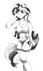 Size: 2288x3800 | Tagged: safe, artist:mark-terron, sunset shimmer, equestria girls, g4, breasts, busty sunset shimmer, clothes, female, grayscale, high res, monochrome, ponied up, shorts, solo, tank top, traditional art